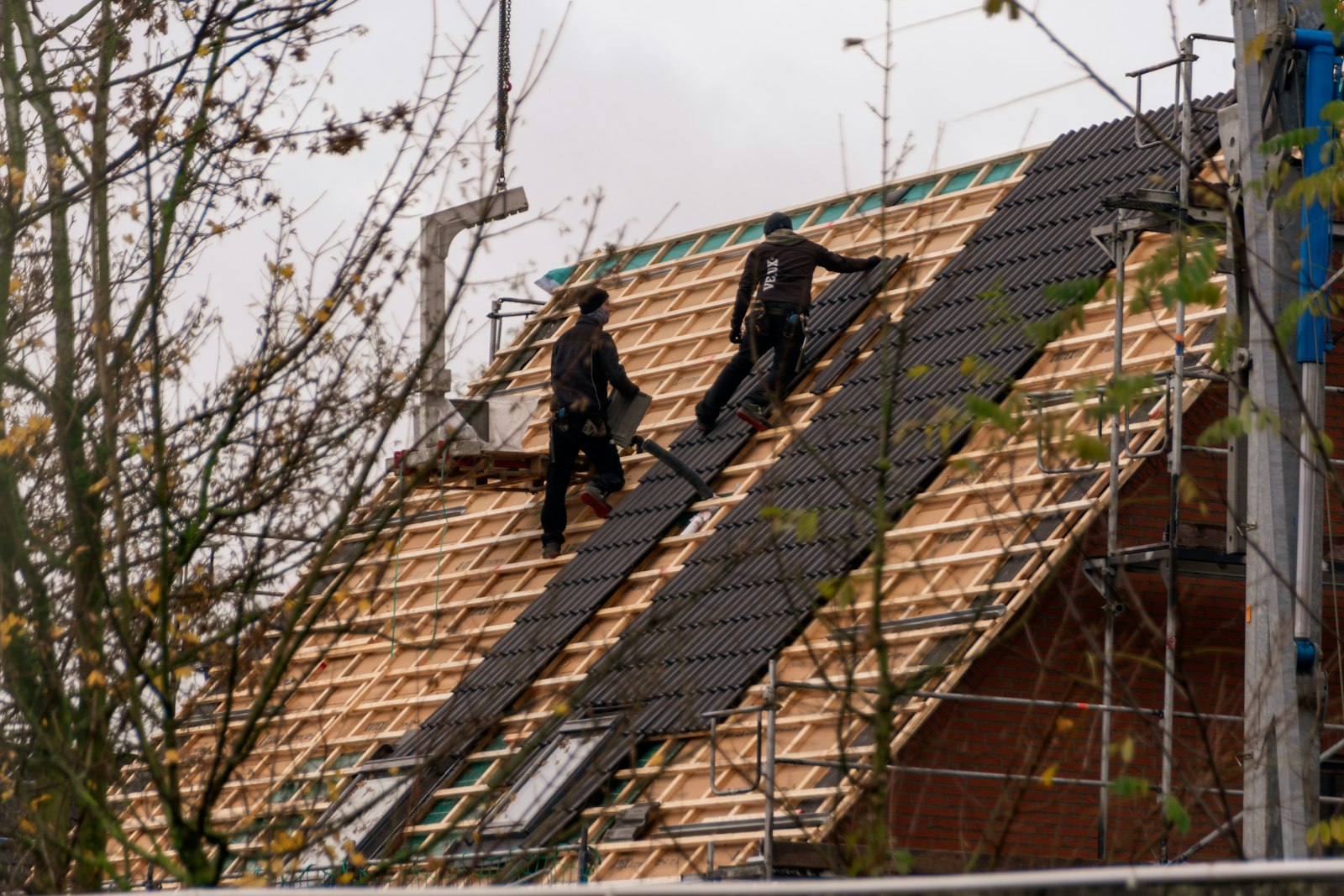 Roofers installing architectural shingles on a Suffolk County home