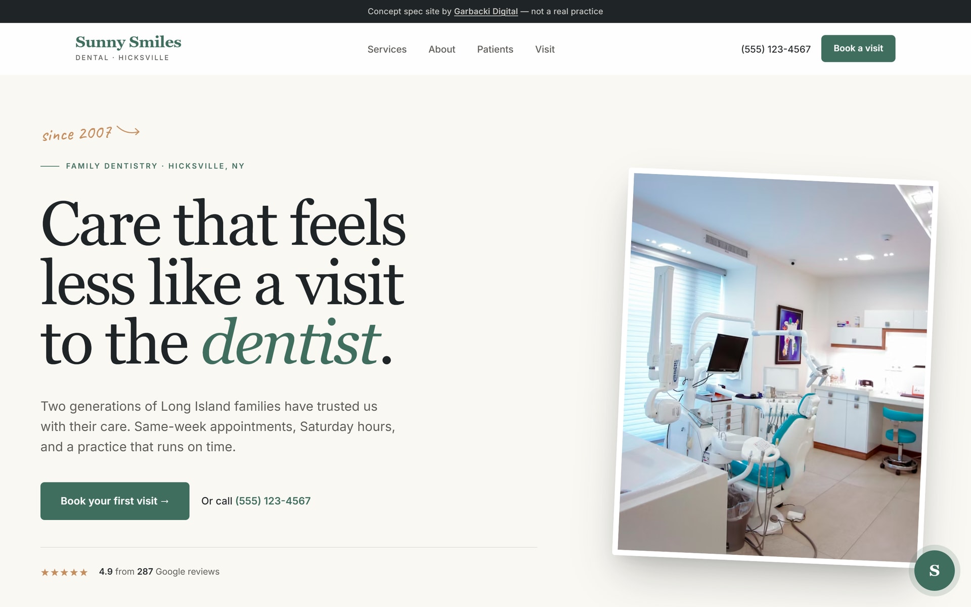 Sunny Smiles Dental — concept site homepage screenshot